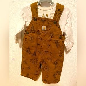 BOYS' LONG-SLEEVE BODYSUIT & PRINTED CANVAS OVERALLS SET 9 MONTH TAN WHITE